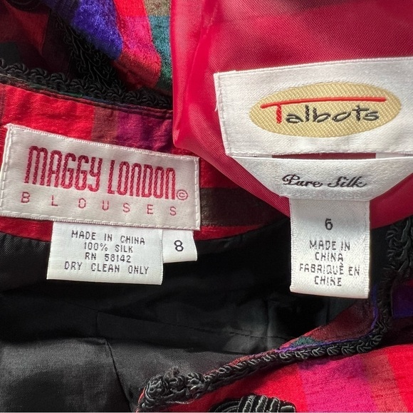 Vintage Talbots red silk midi dress and colorful plaid collarless blazer jacket - Picture 6 of 13